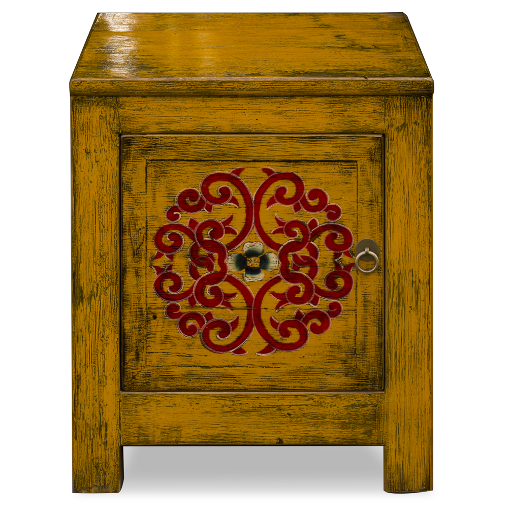 Distressed Saffron Yellow Elmwood Tibetan Cabinet