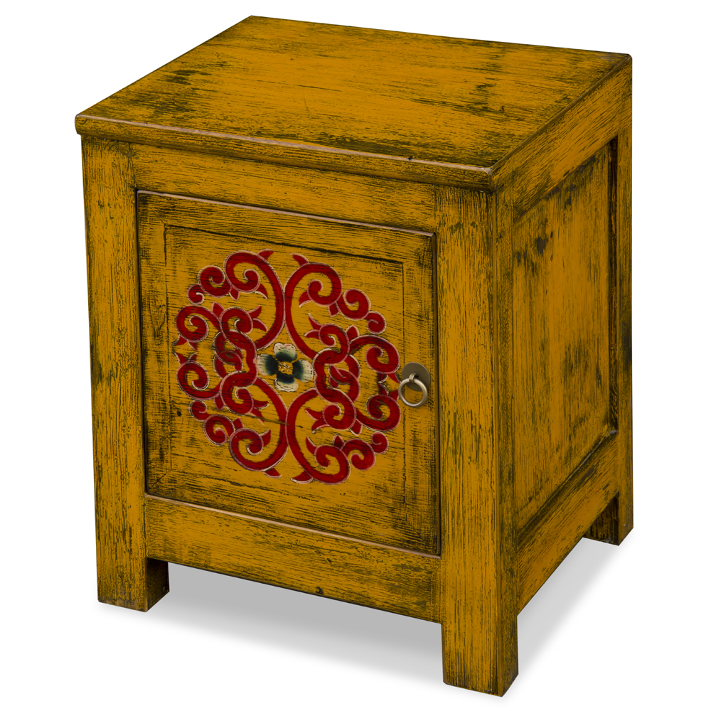 Distressed Saffron Yellow Elmwood Tibetan Cabinet