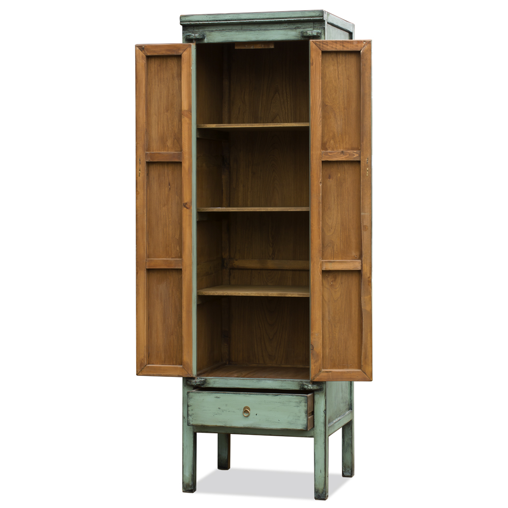 Distressed Aquamarine Green Elmwood Chinese Ming Armoire