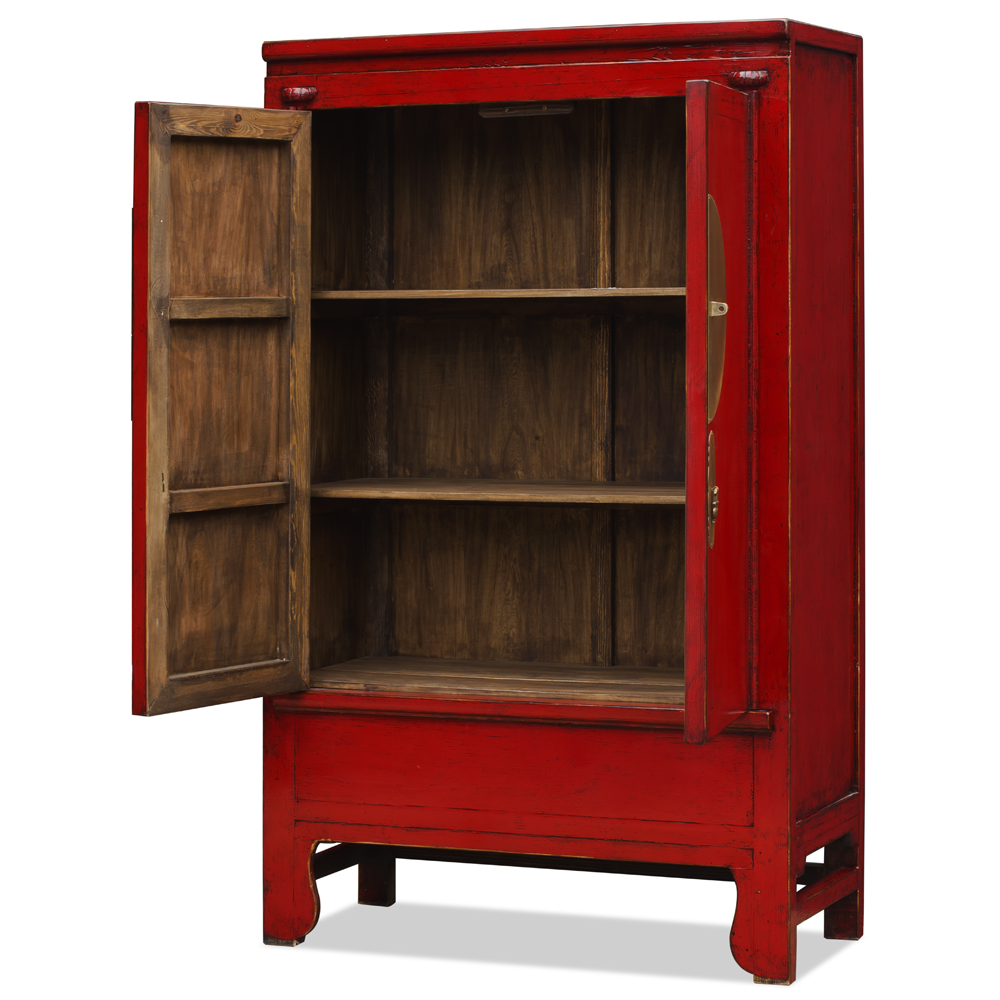 Distressed Red Elmwood Chinese Ming Wedding Armoire