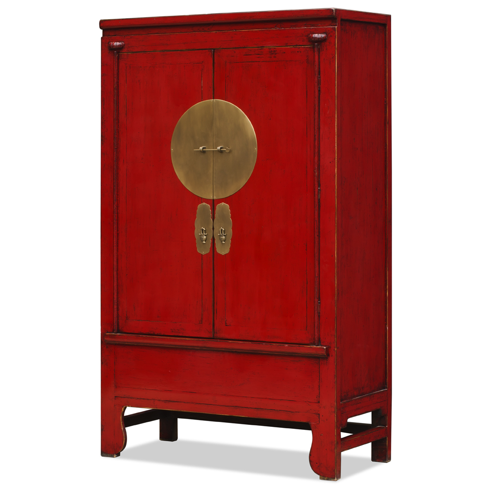 Distressed Red Elmwood Chinese Ming Wedding Armoire