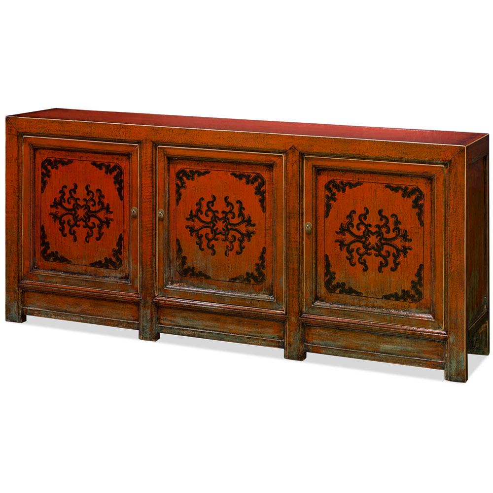 Hand Painted Distress Orange Elmwood Tibetan Cabinet