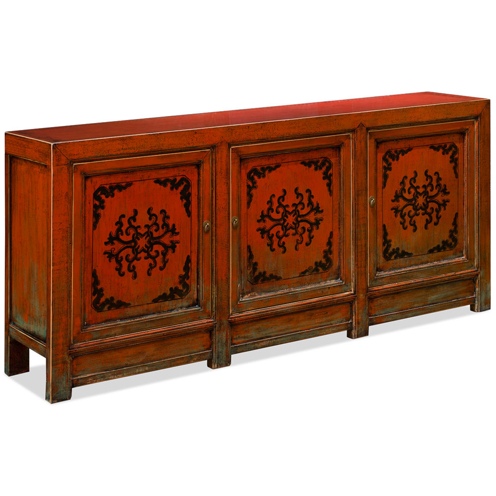 Hand Painted Distress Orange Elmwood Tibetan Cabinet