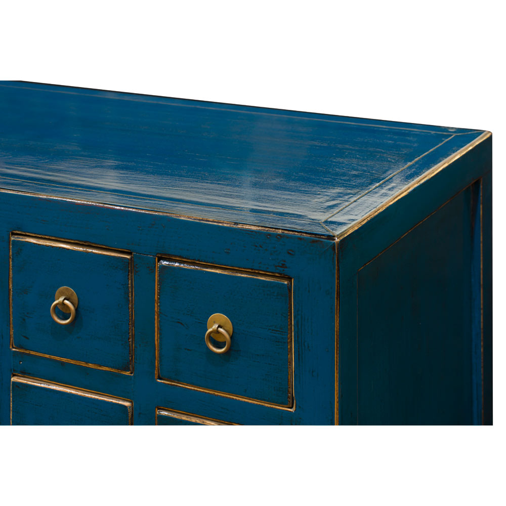 Distressed Blue Elmwood Chinese Apothecary Chest of Drawers