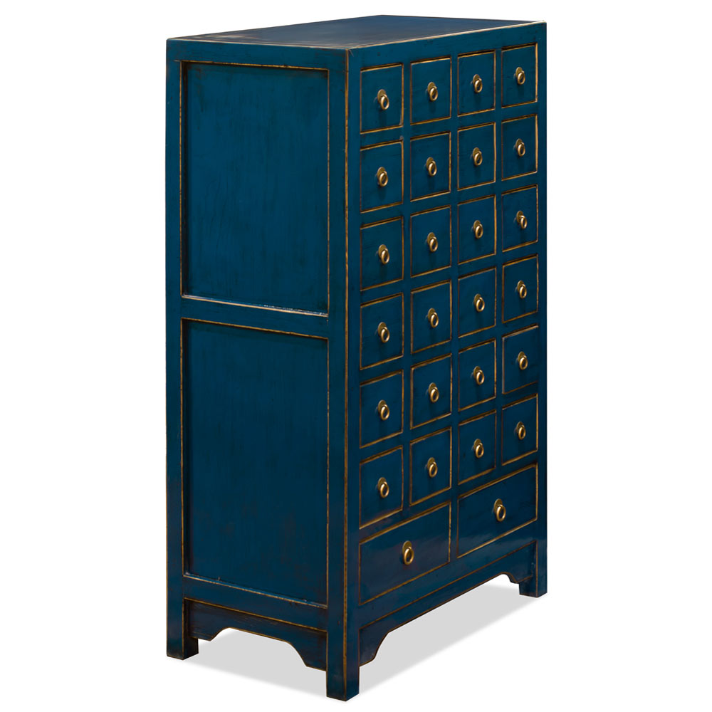 Distressed Blue Elmwood Chinese Apothecary Chest of Drawers