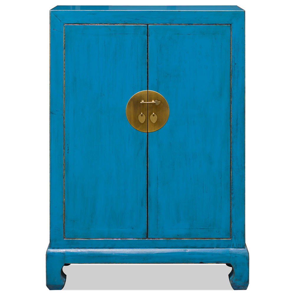 Distressed Turquoise Elmwood Chinese Ming Cabinet