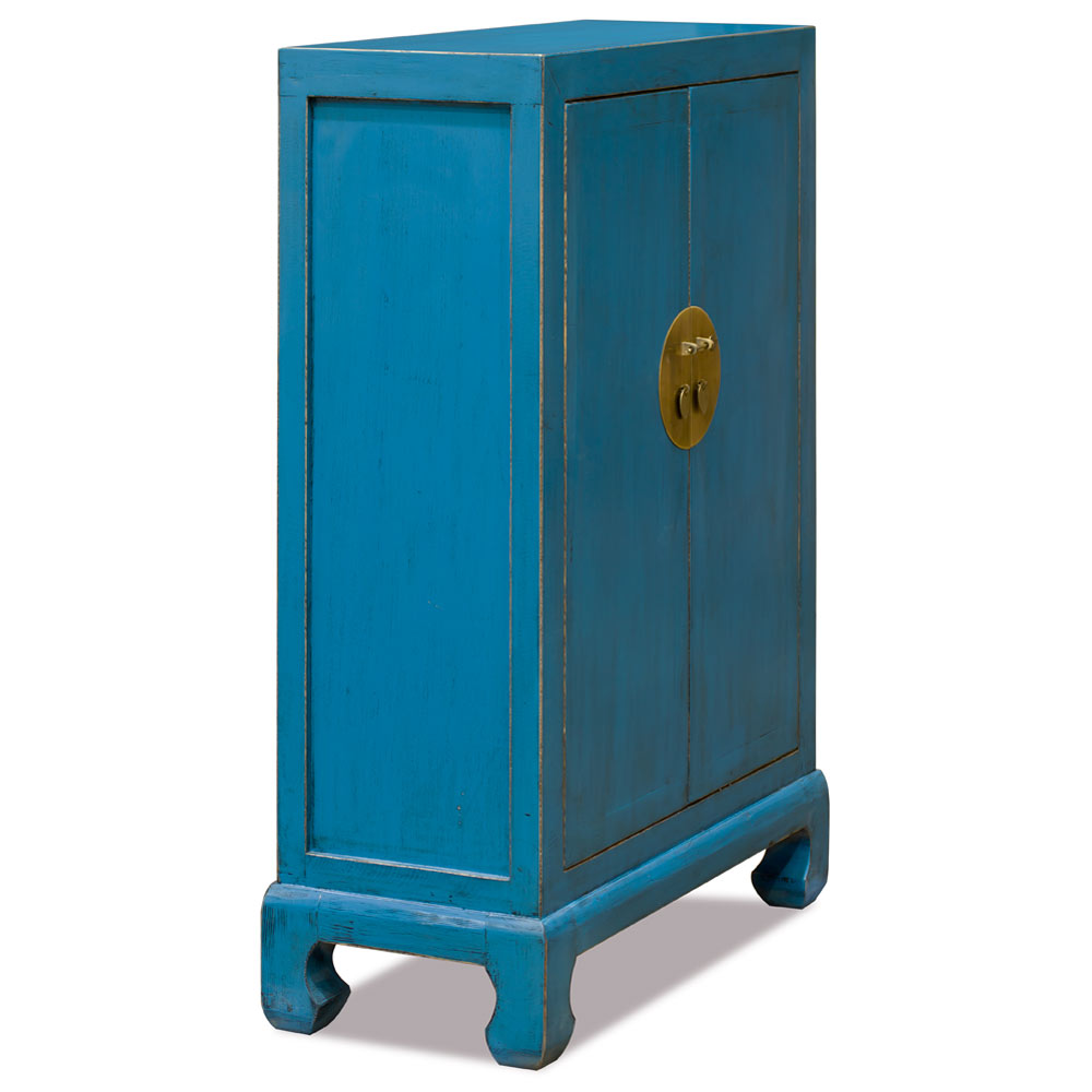 Distressed Turquoise Elmwood Chinese Ming Cabinet