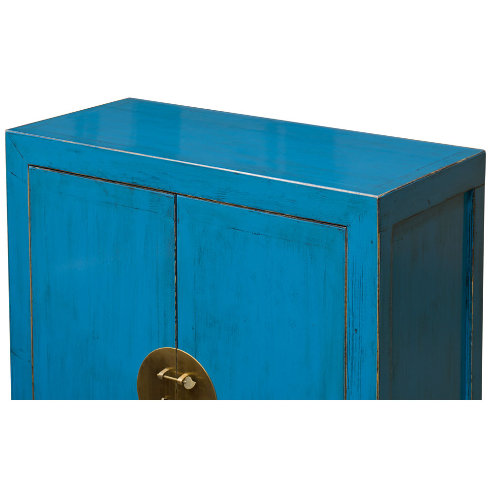 Distressed Turquoise Elmwood Chinese Ming Cabinet