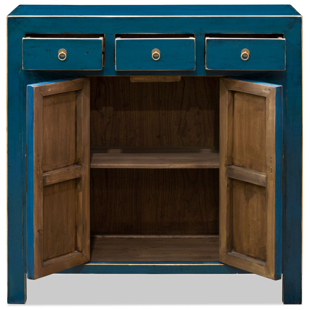 Distressed Aqua Blue Elmwood Ming Style Asian Sideboard