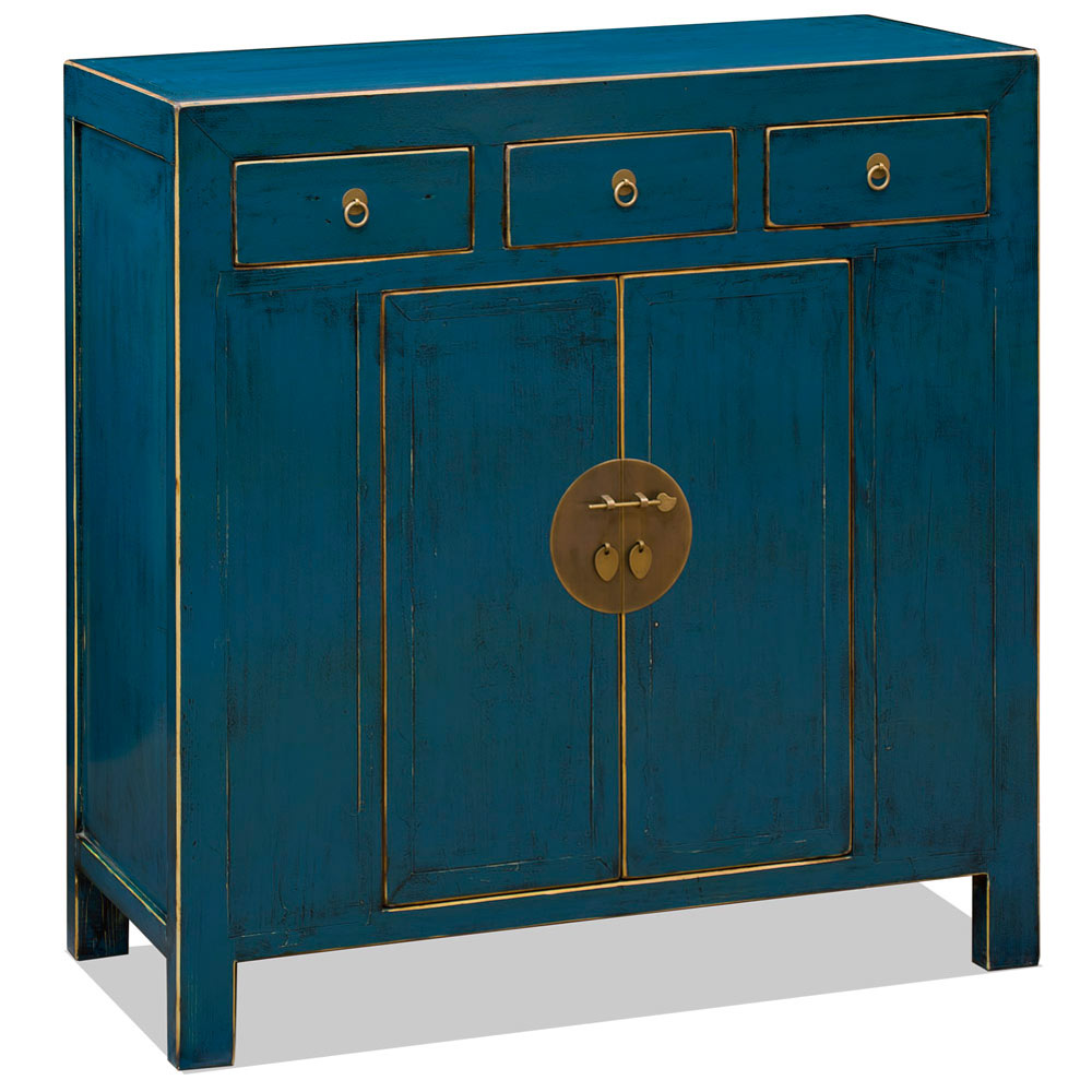 Distressed Aqua Blue Elmwood Ming Style Asian Sideboard