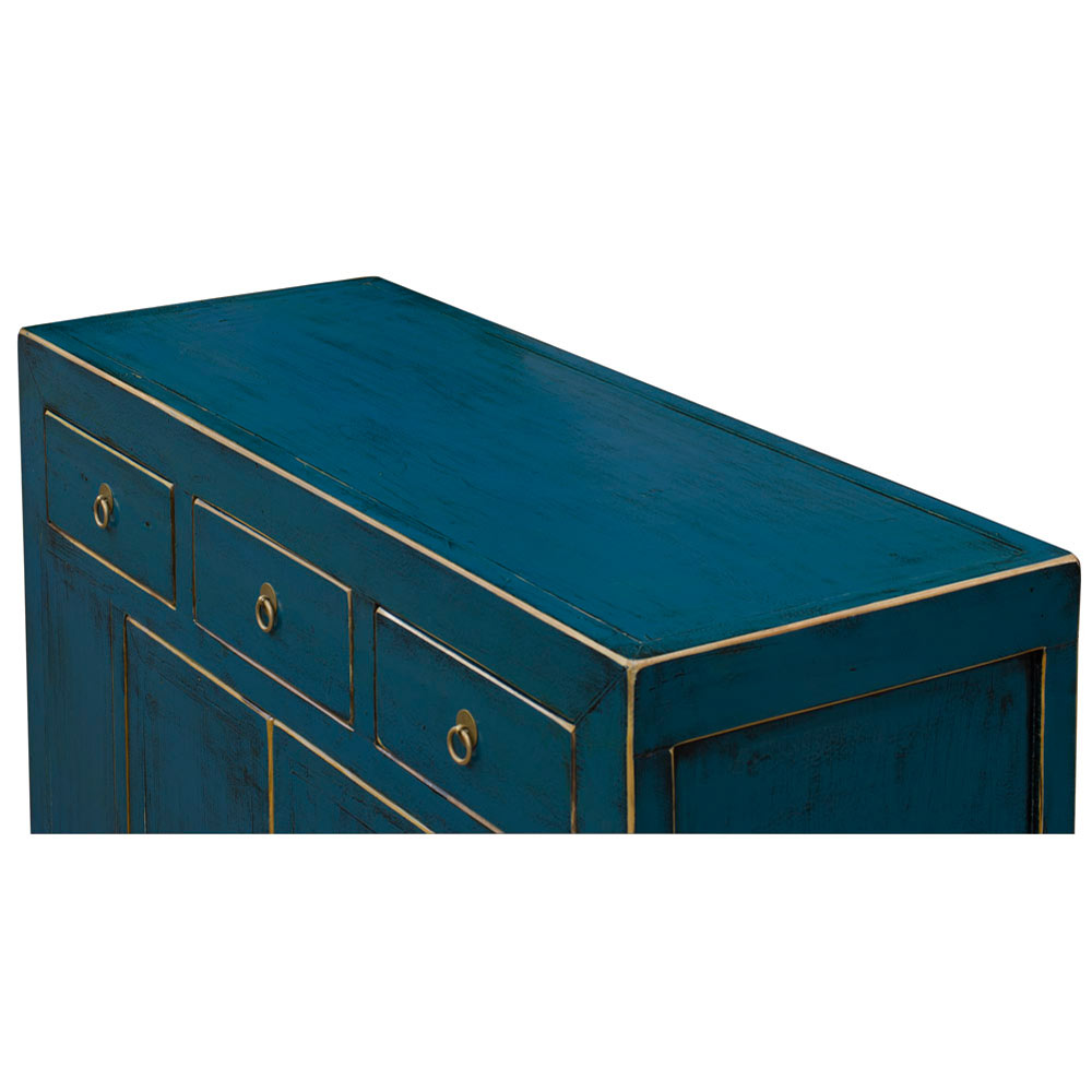 Distressed Aqua Blue Elmwood Ming Style Asian Sideboard