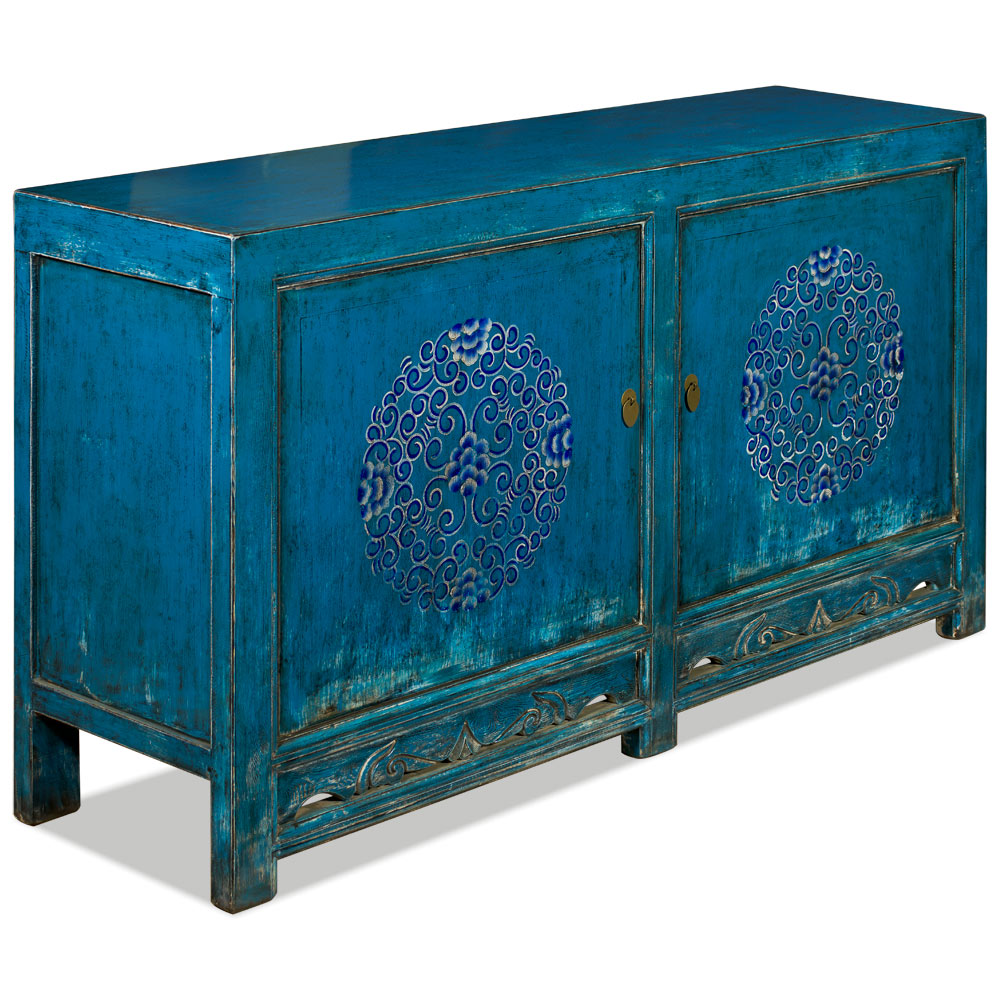 Distressed Blue Elmwood Tibetan Cabinet