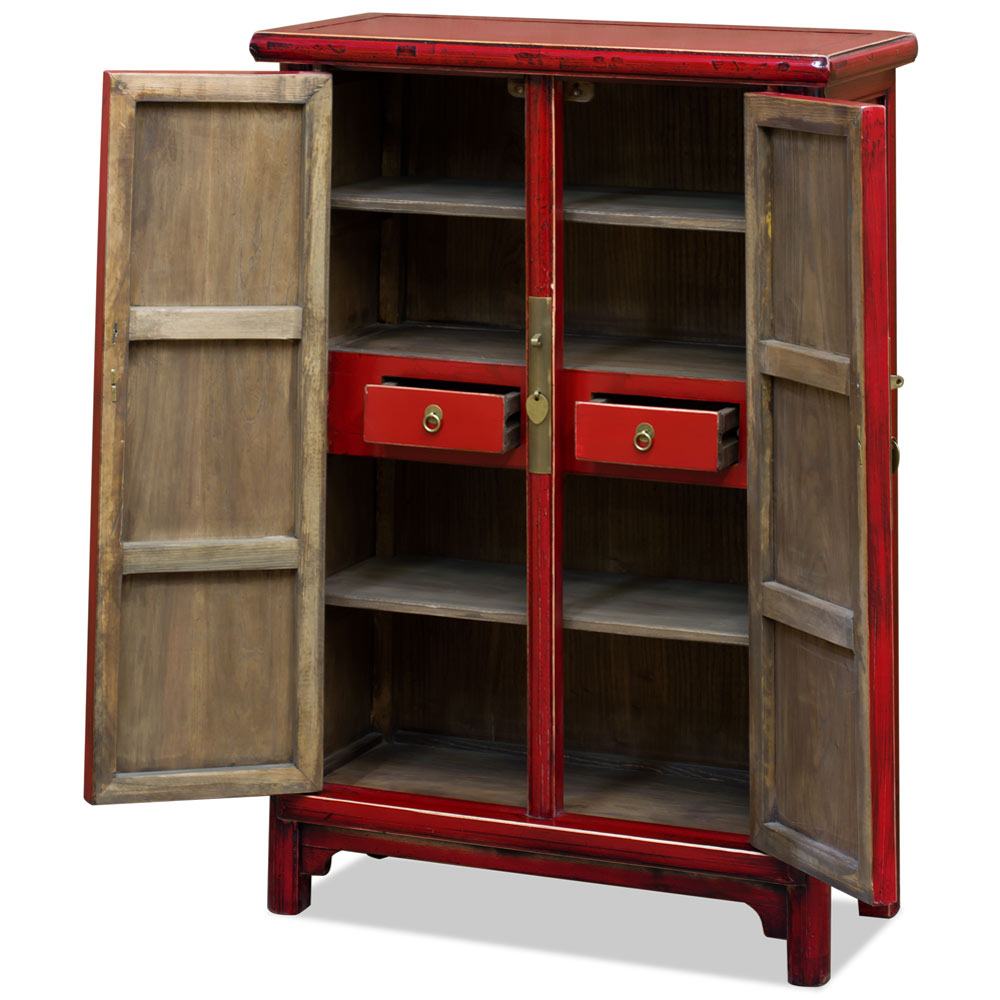 Elmwood Distressed Red Ming Chinese Cabinet