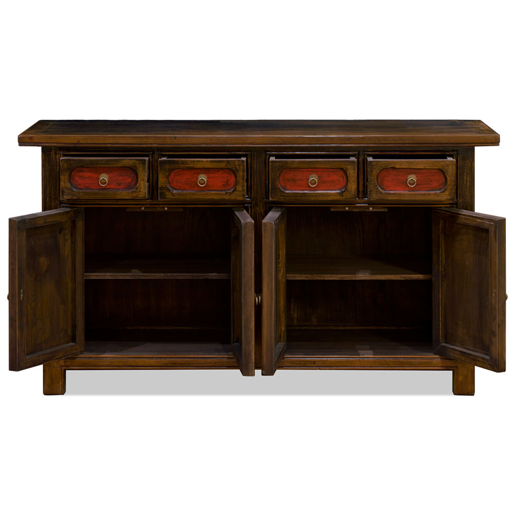 Distressed Red Elmwood Chinese Mandarin Altar Cabinet