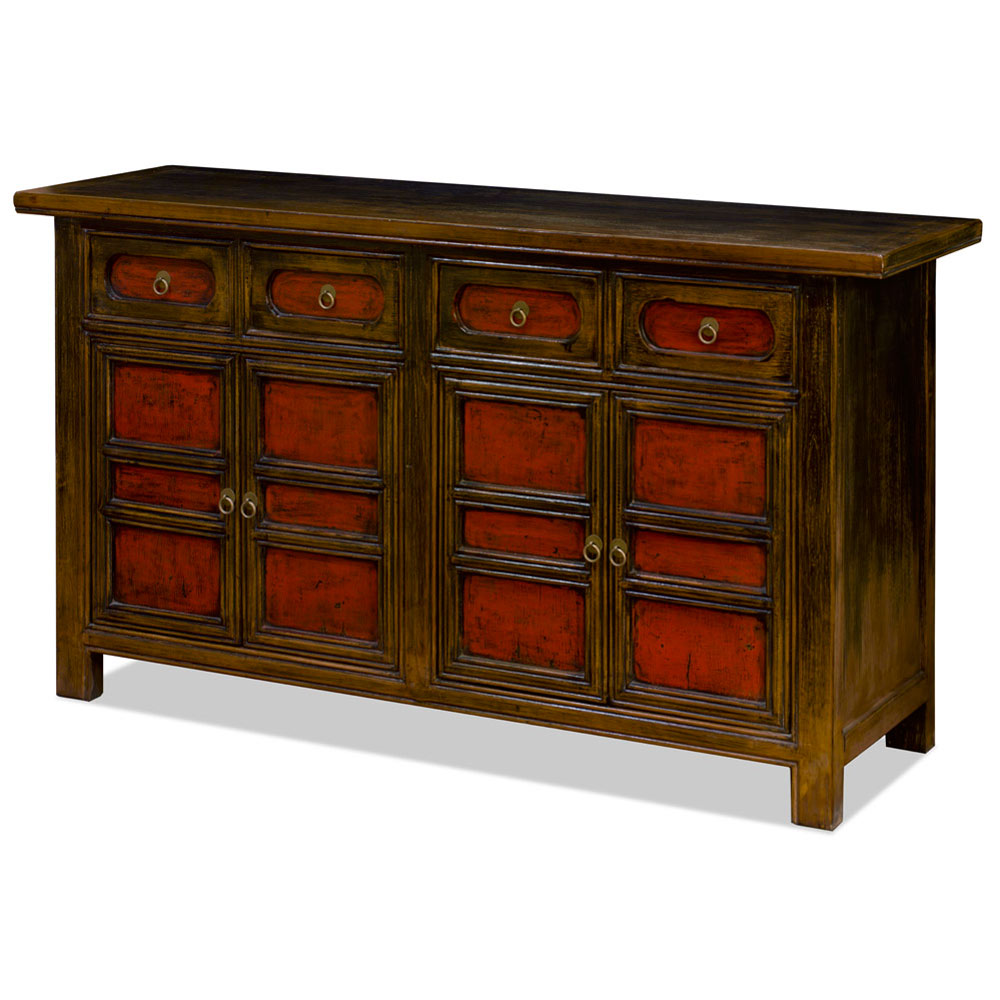 Distressed Red Elmwood Chinese Mandarin Altar Cabinet