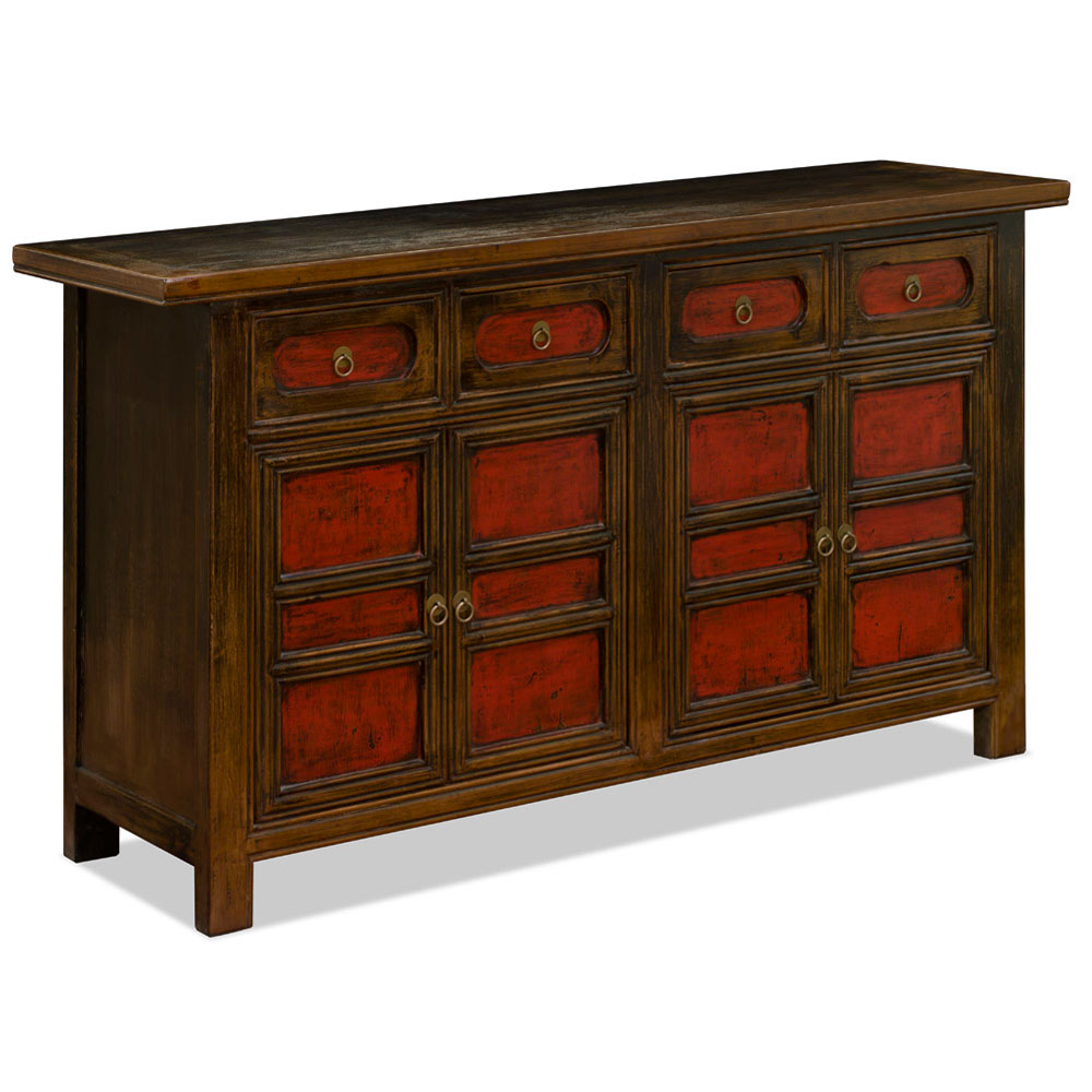 Distressed Red Elmwood Chinese Mandarin Altar Cabinet