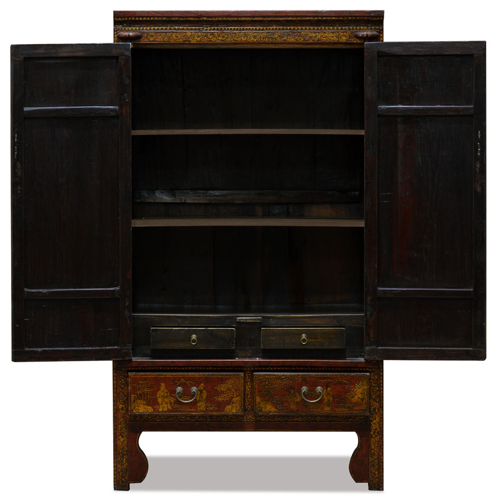 Elmwood Rustic and Gold Chinoiserie Chinese  Mandarin Armoire