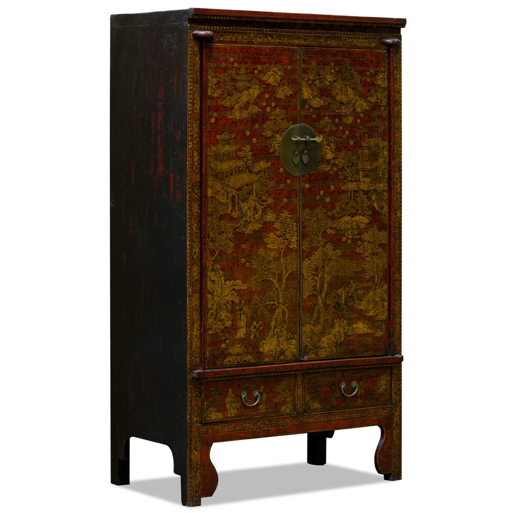 Elmwood Rustic and Gold Chinoiserie Chinese  Mandarin Armoire