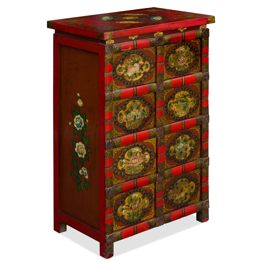 Hand Painted Red and Sienna Floral Motif Tibetan Chest