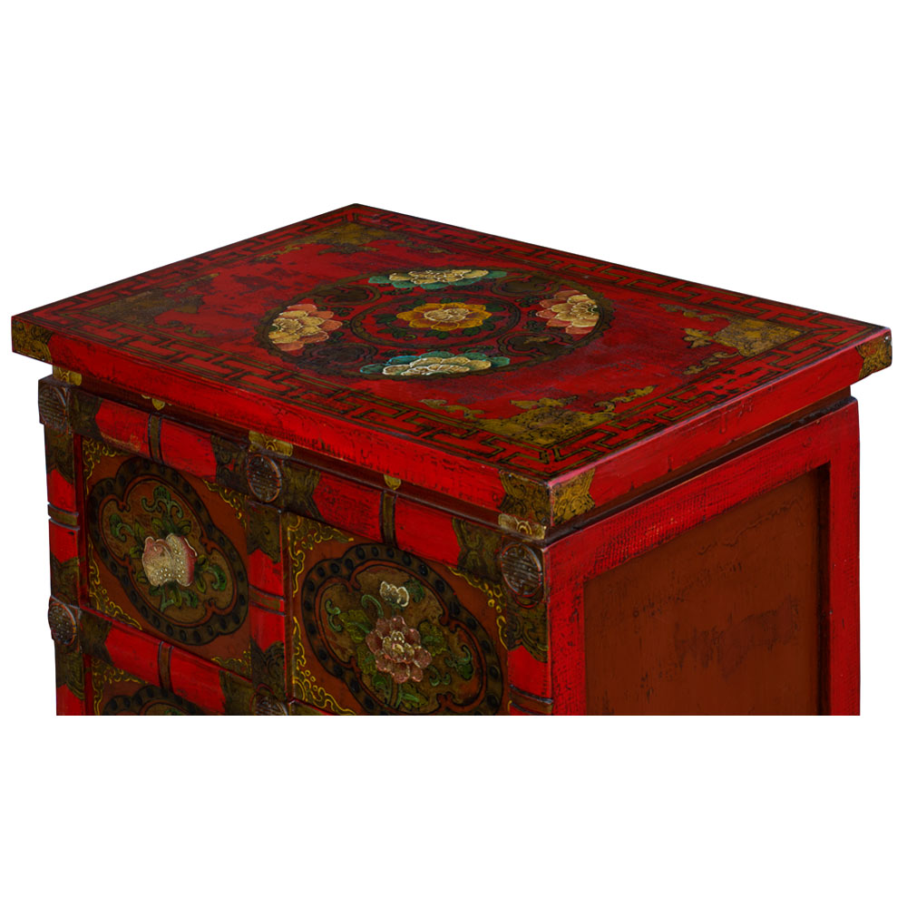 Hand Painted Red and Sienna Floral Motif Tibetan Chest