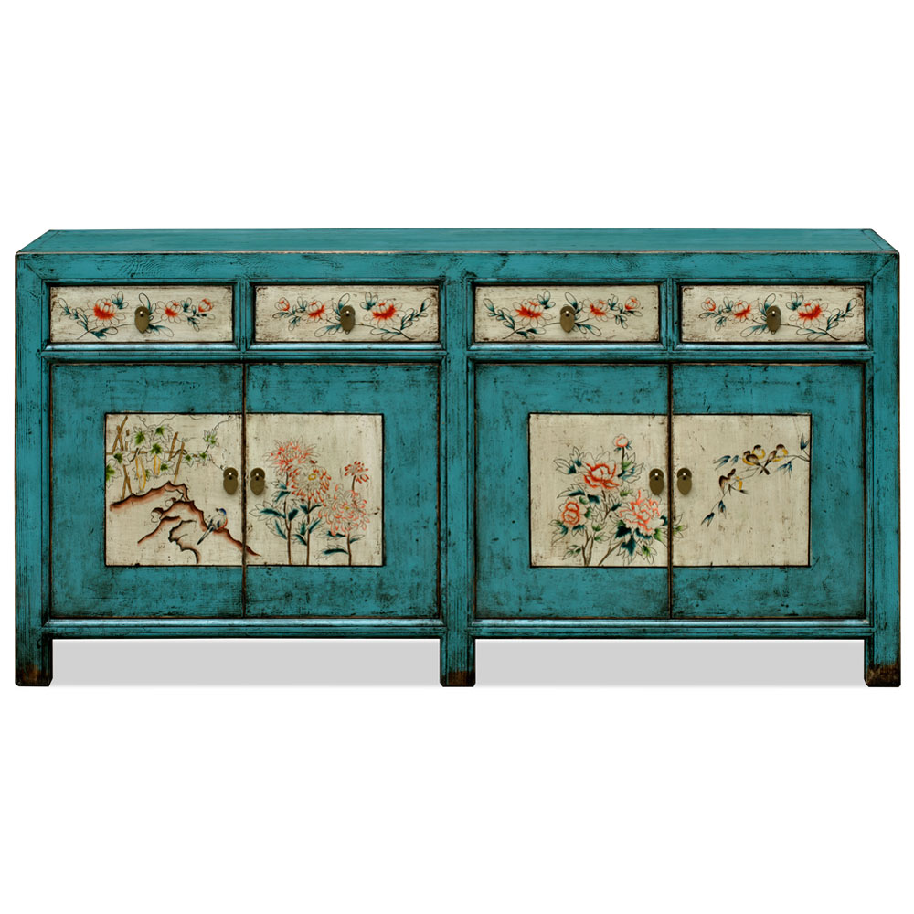 Hand Painted Distressed Aqua Blue Flower and Bird Elmwood Tibetan Sideboard