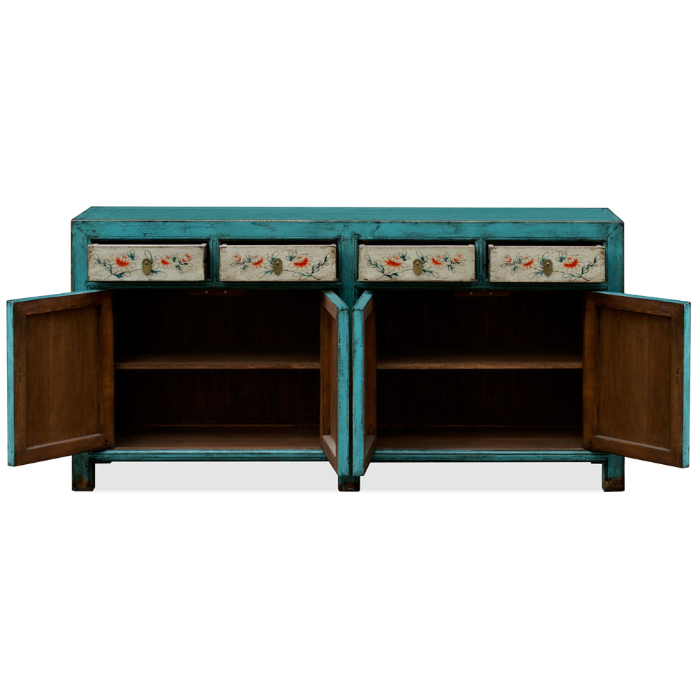 Hand Painted Distressed Aqua Blue Flower and Bird Elmwood Tibetan Sideboard