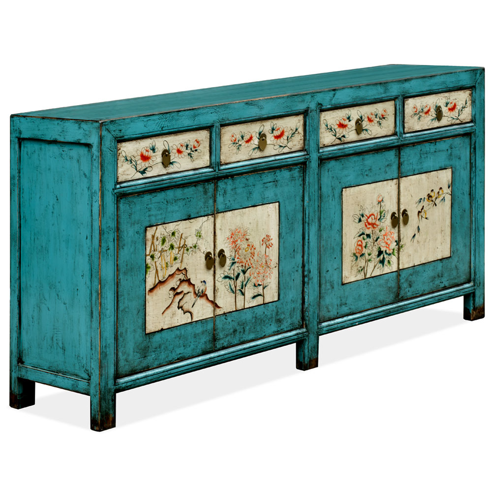 Hand Painted Distressed Aqua Blue Flower and Bird Elmwood Tibetan Sideboard