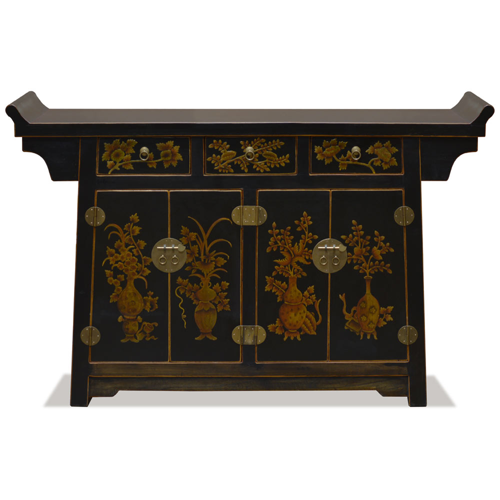 Distressed Black Flower Motif Asian Altar Cabinet