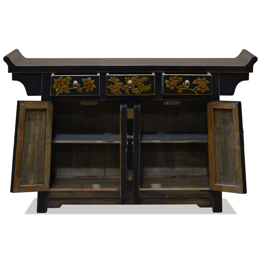 Distressed Black Flower Motif Asian Altar Cabinet