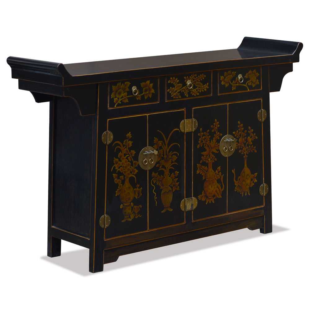 Distressed Black Flower Motif Asian Altar Cabinet