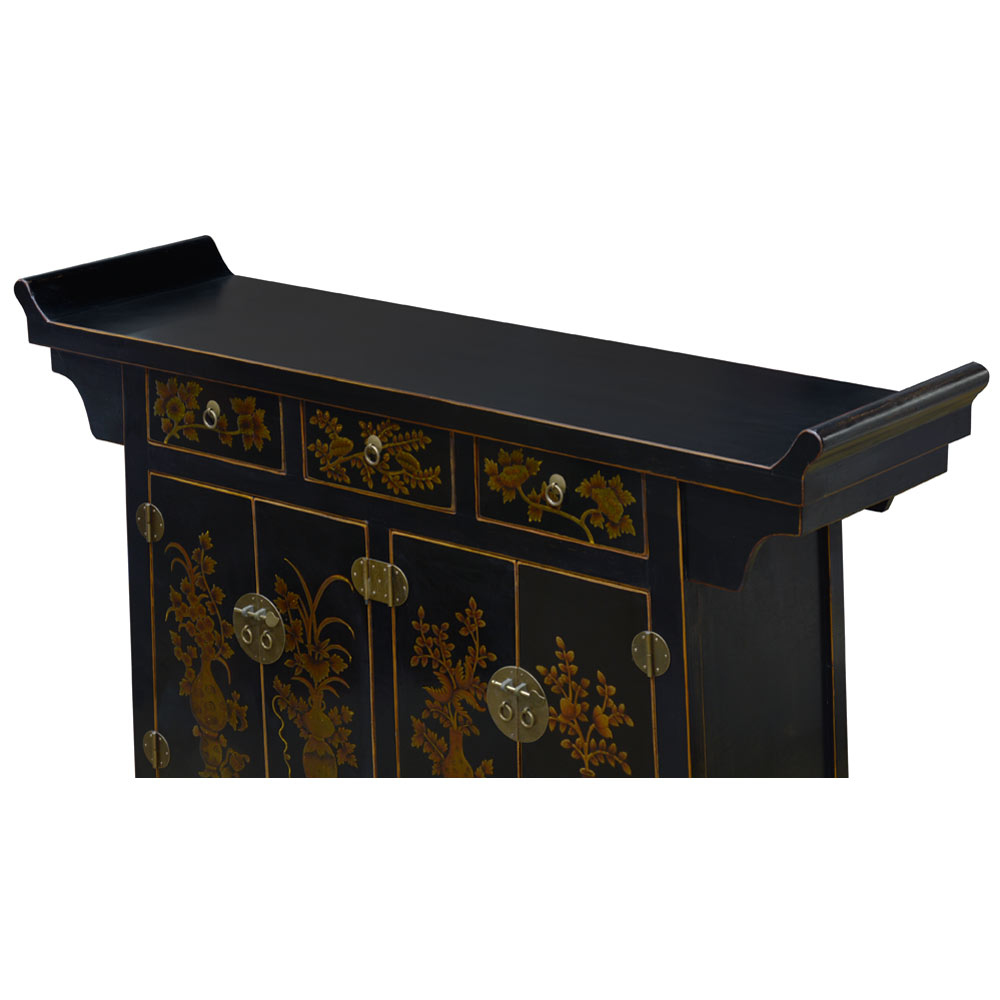 Distressed Black Flower Motif Asian Altar Cabinet