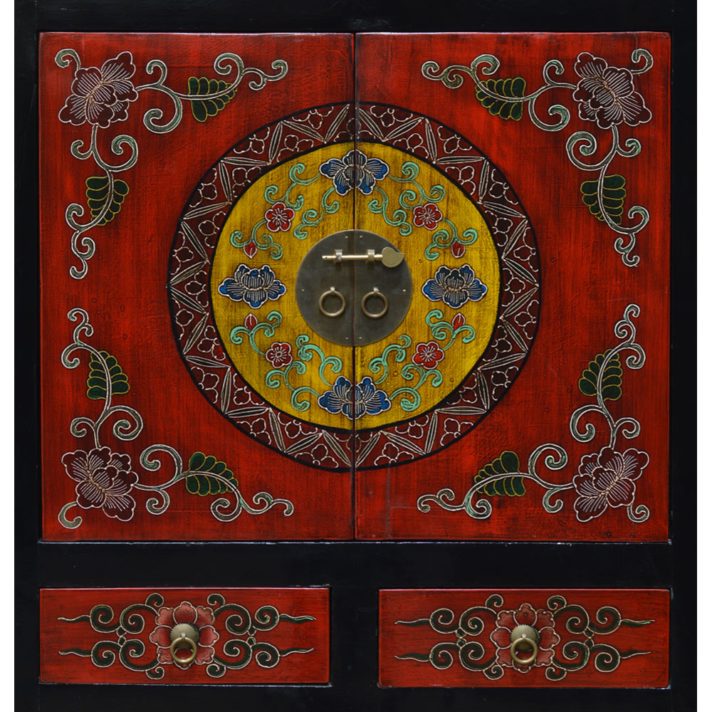 Red and Black Elmwood Flower Motif Tibetan Tall Cabinet