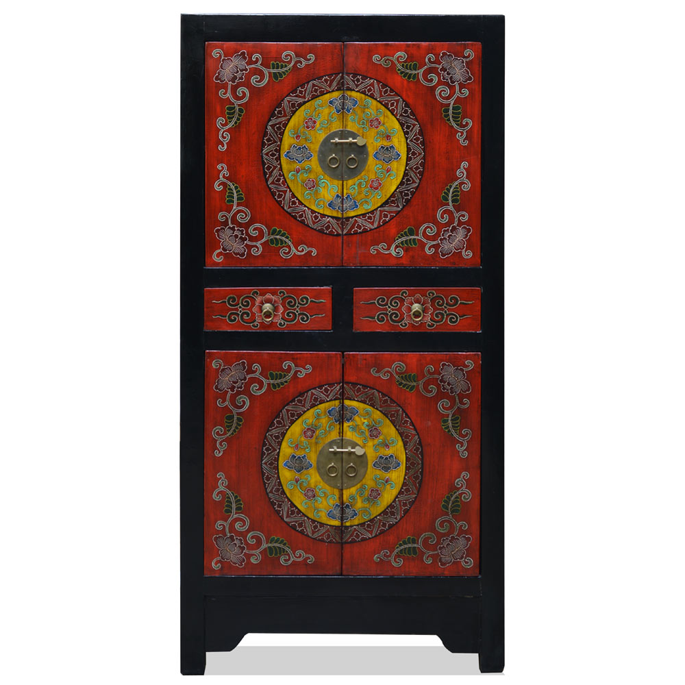 Red and Black Elmwood Flower Motif Tibetan Tall Cabinet