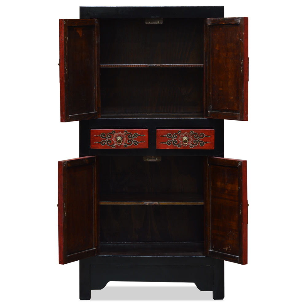 Red and Black Elmwood Flower Motif Tibetan Tall Cabinet