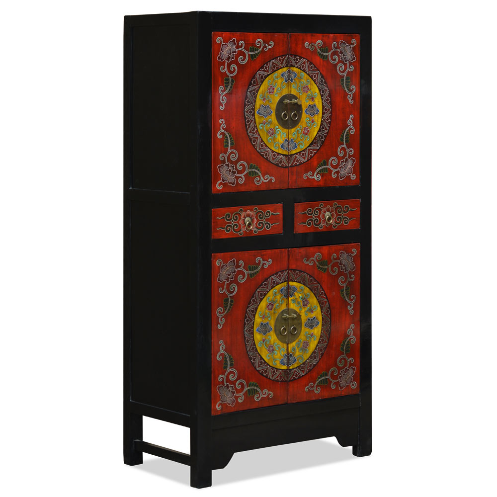 Red and Black Elmwood Flower Motif Tibetan Tall Cabinet