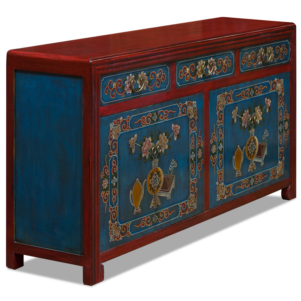 Distressed Red and Blue Flower Vase Motif Elmwood Oriental Cabinet