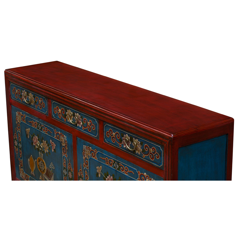 Distressed Red and Blue Flower Vase Motif Elmwood Oriental Cabinet