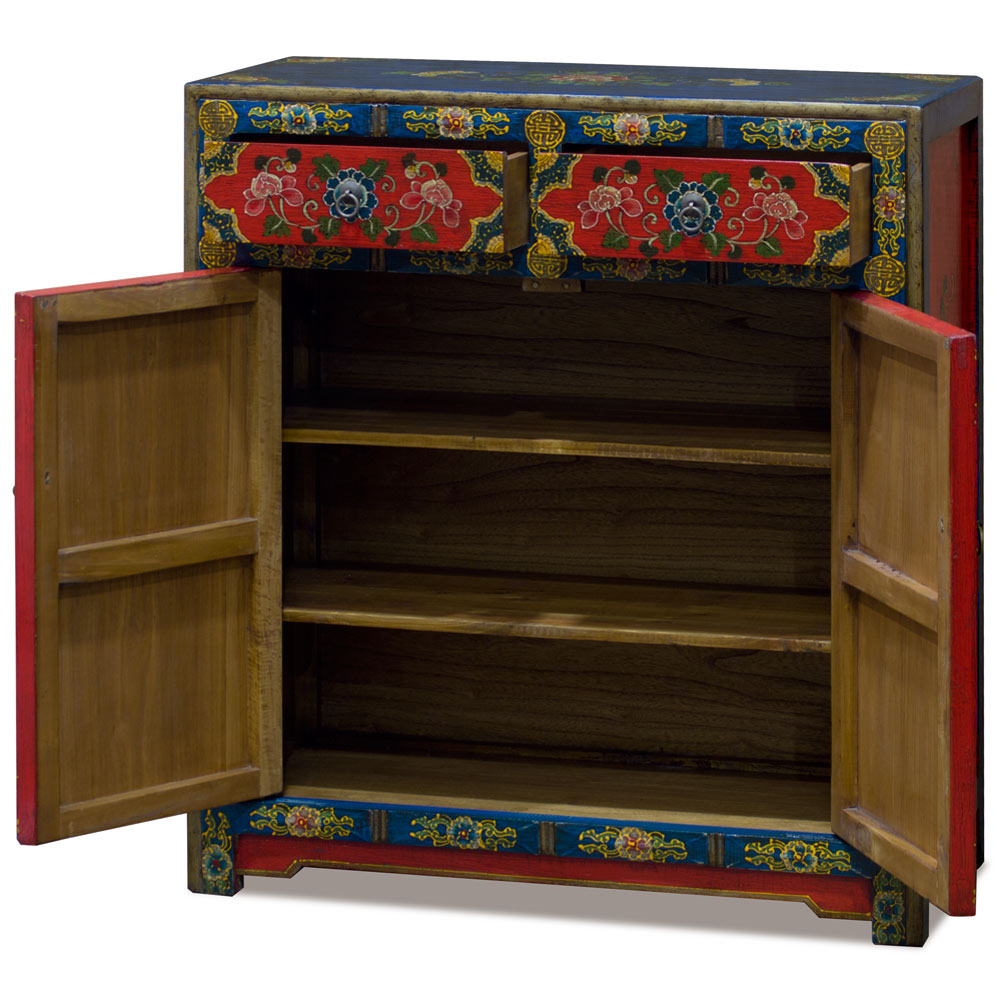 Hand Painted Red and Blue Peony Motif Tibetan Chest