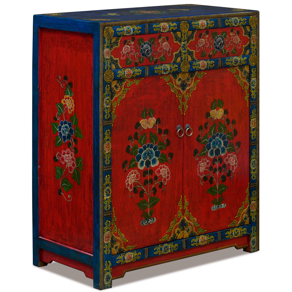 Hand Painted Red and Blue Peony Motif Tibetan Chest