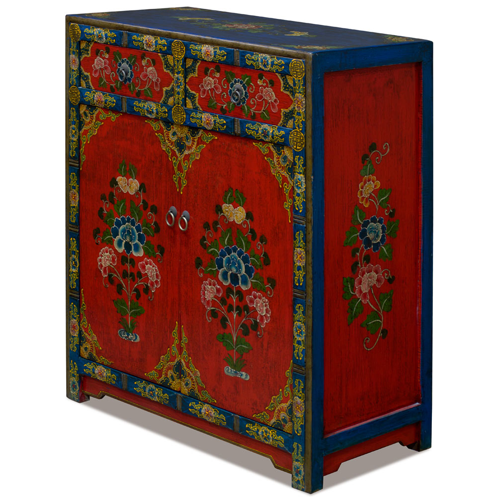 Hand Painted Red and Blue Peony Motif Tibetan Chest