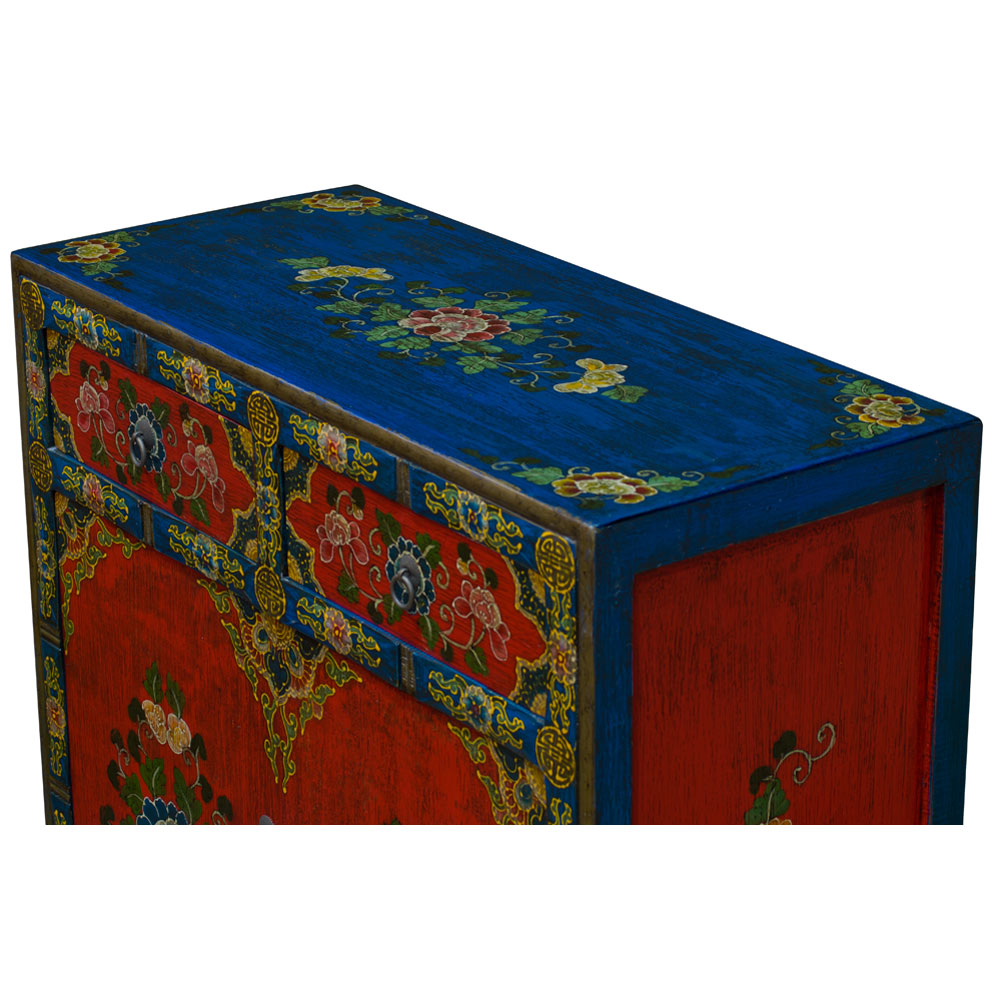 Hand Painted Red and Blue Peony Motif Tibetan Chest