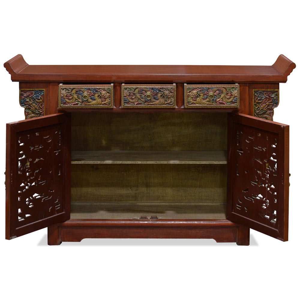 Elmwood Hand Carved Imperial Dragon Motif Pastel Red Chinese Altar Cabinet