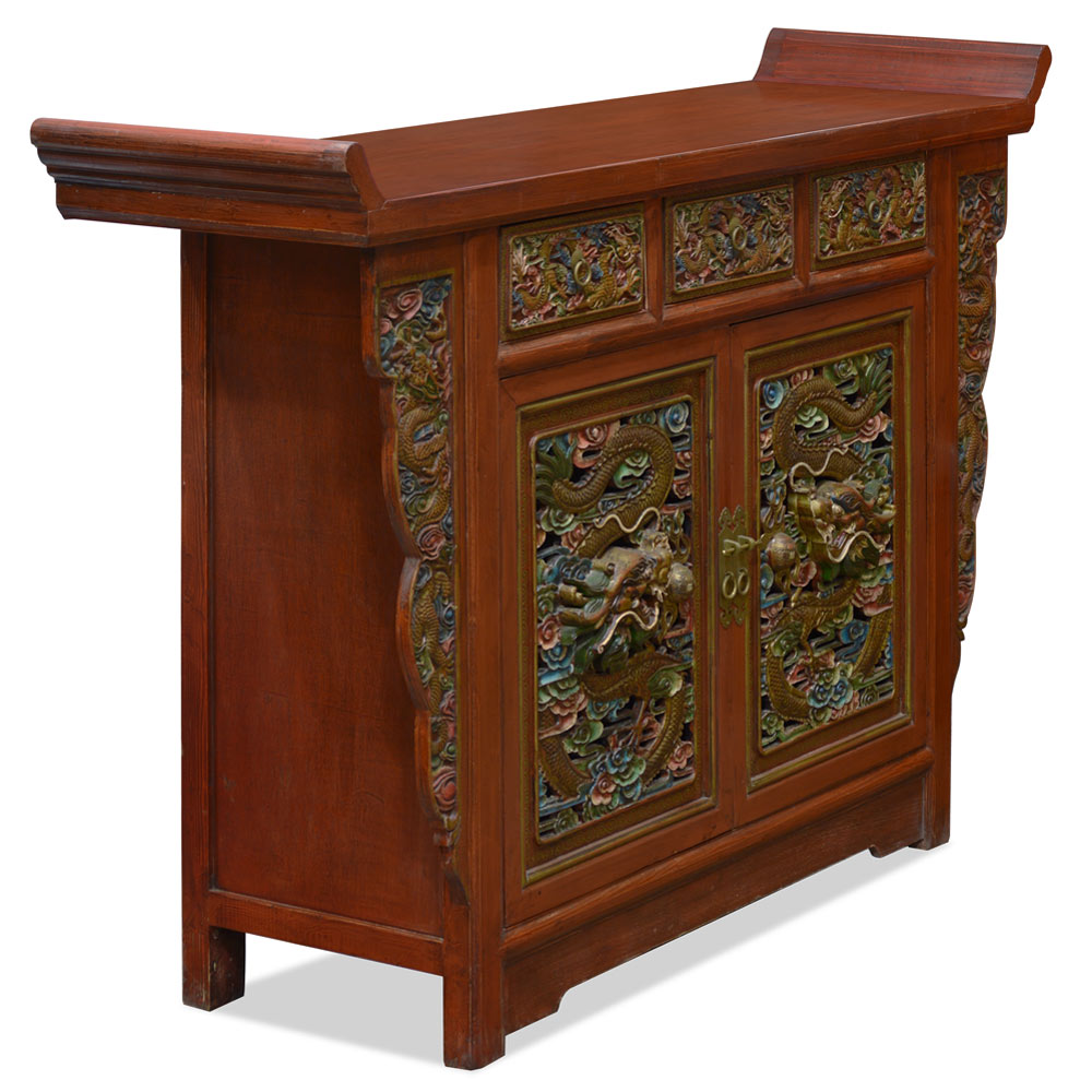 Elmwood Hand Carved Imperial Dragon Motif Pastel Red Chinese Altar Cabinet