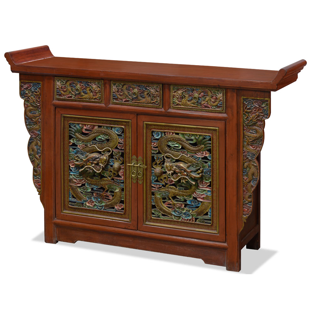 Elmwood Hand Carved Imperial Dragon Motif Pastel Red Chinese Altar Cabinet