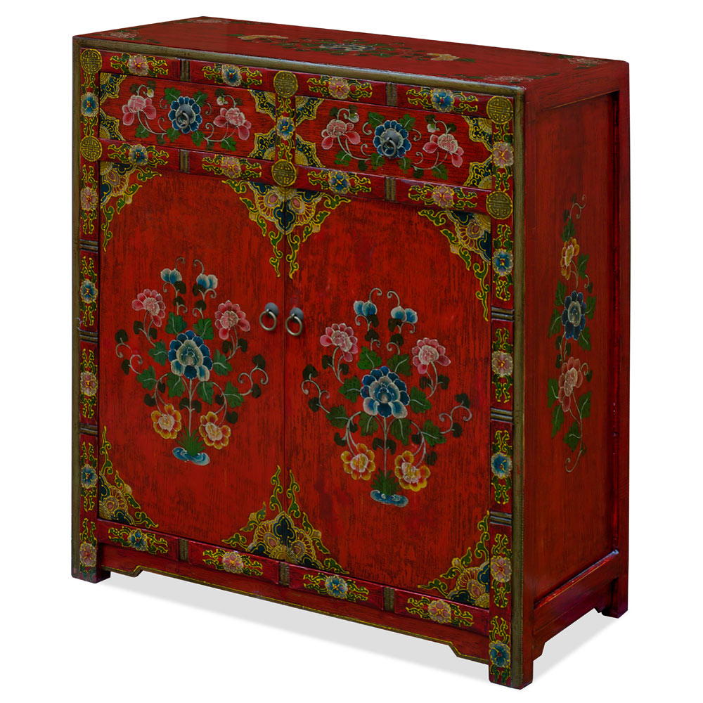 Hand Painted Red Peony Motif Tibetan Chest