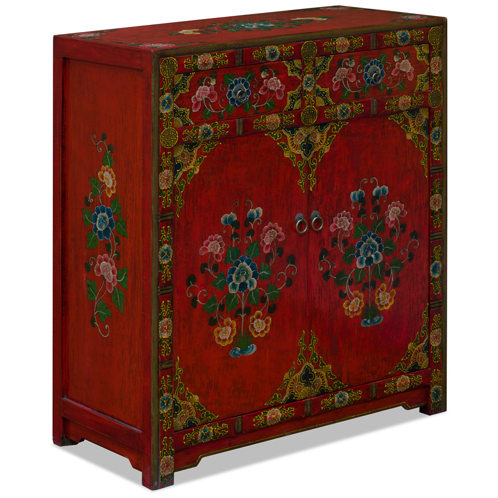 Hand Painted Red Peony Motif Tibetan Chest