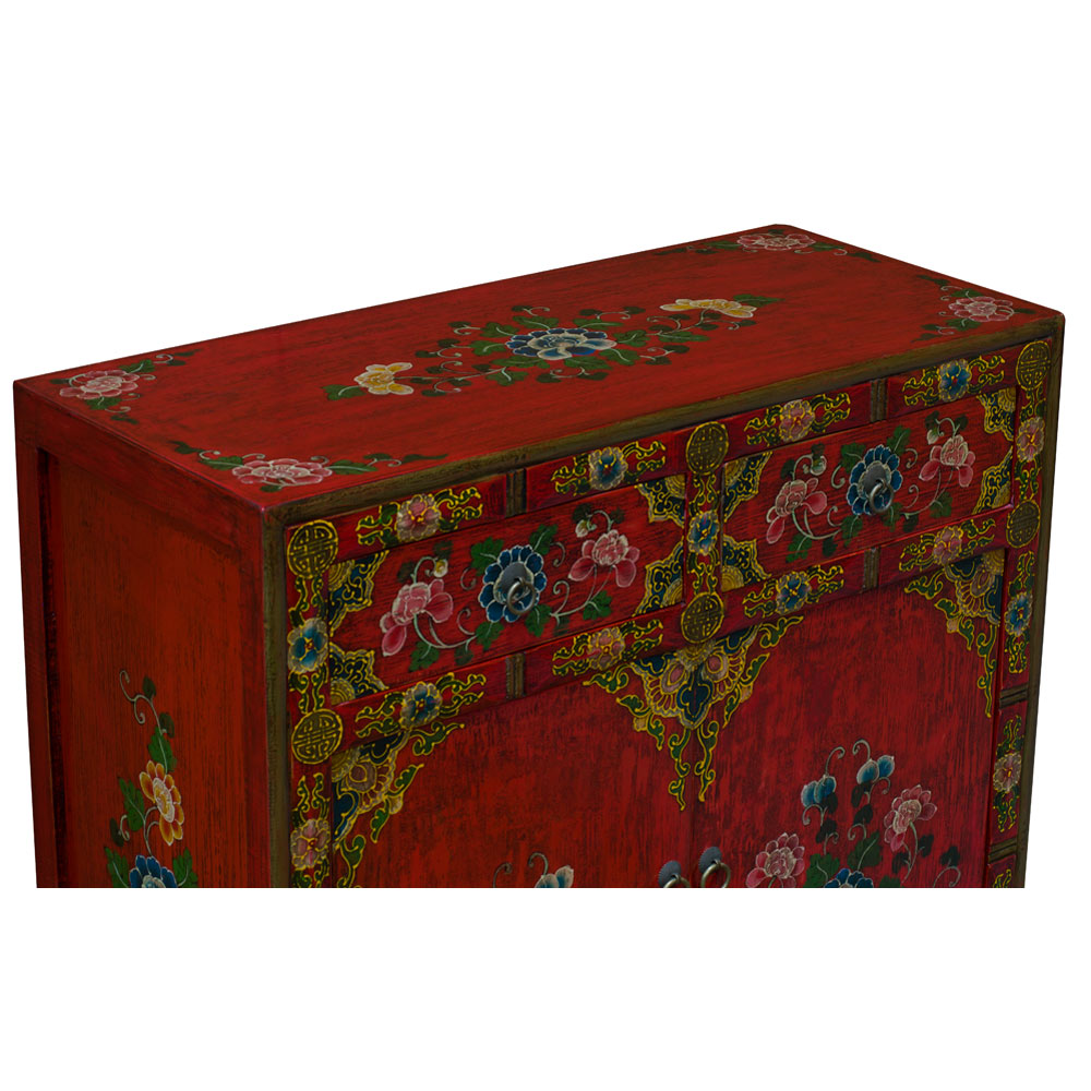 Hand Painted Red Peony Motif Tibetan Chest