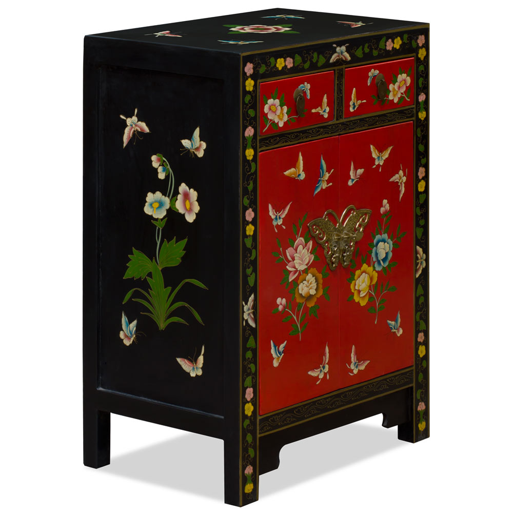 Red and Black Hand Painted Elmwood Butterfly Motif Oriental Cabinet