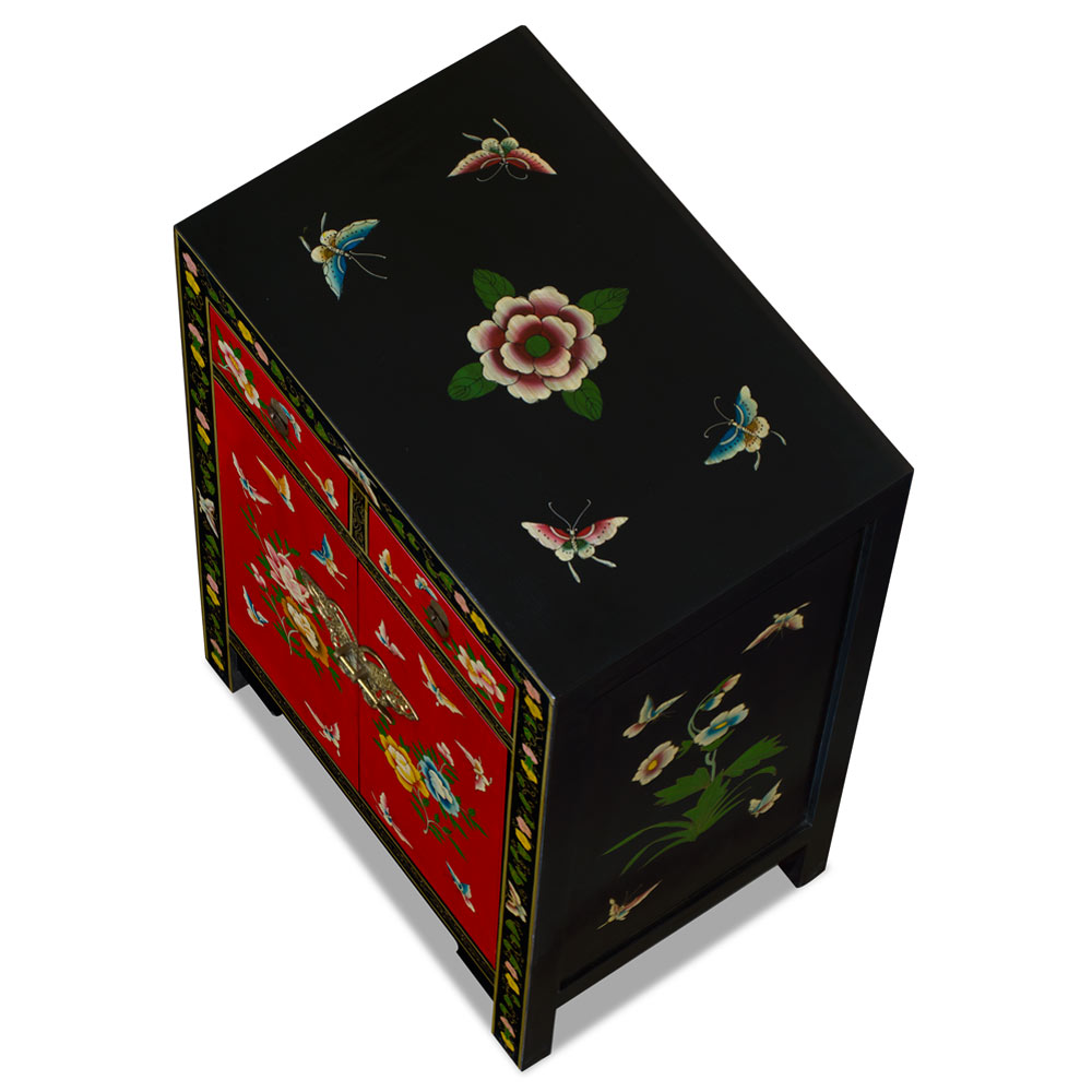 Red and Black Hand Painted Elmwood Butterfly Motif Oriental Cabinet