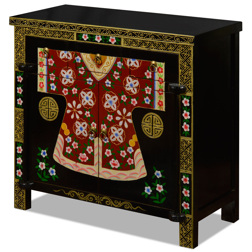 Hand Painted Elmwood Mandarin Robe Motif Oriental Cabinet